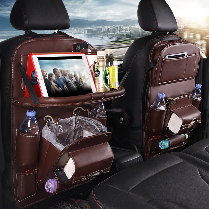 Premium PU Leather Car Backseat Organizer – Waterproof Hanging Storage Bag with Foldable Tray