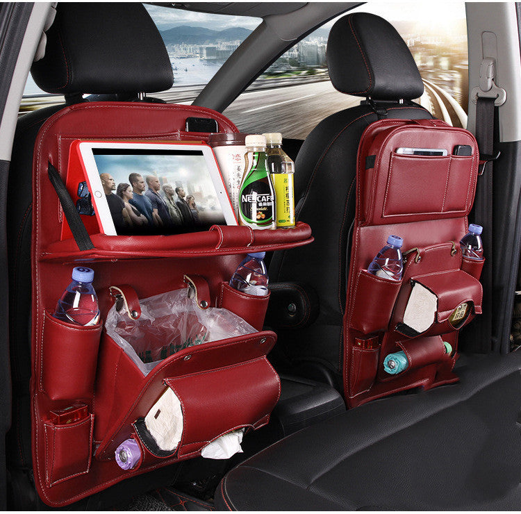 Premium PU Leather Car Backseat Organizer – Waterproof Hanging Storage Bag with Foldable Tray