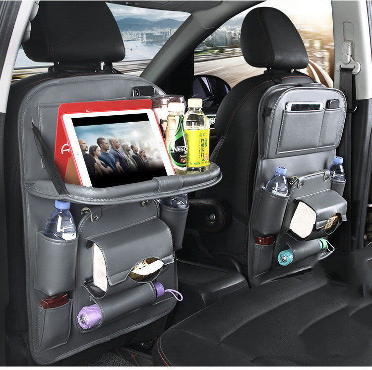 Premium PU Leather Car Backseat Organizer – Waterproof Hanging Storage Bag with Foldable Tray