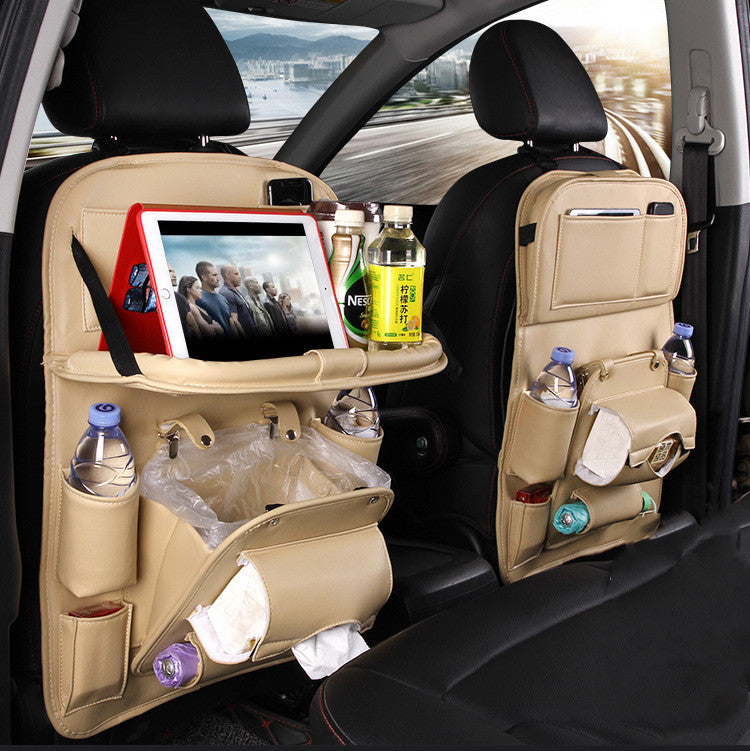 Premium PU Leather Car Backseat Organizer – Waterproof Hanging Storage Bag with Foldable Tray