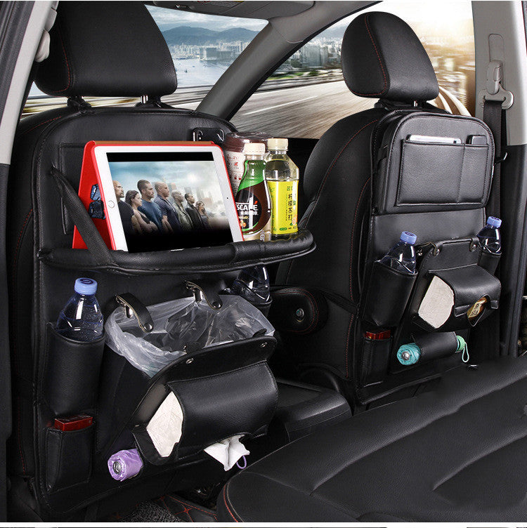 Premium PU Leather Car Backseat Organizer – Waterproof Hanging Storage Bag with Foldable Tray