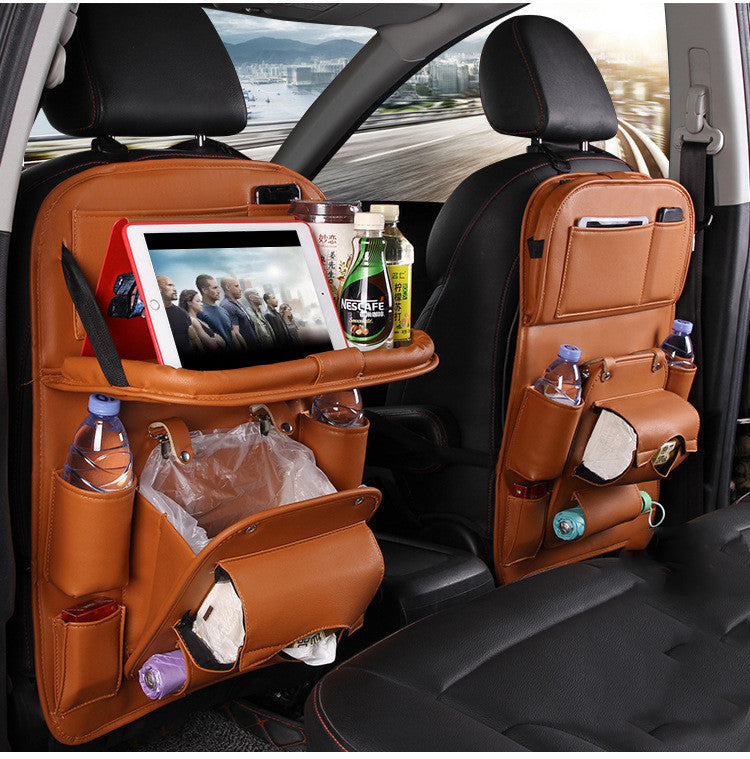 Premium PU Leather Car Backseat Organizer – Waterproof Hanging Storage Bag with Foldable Tray