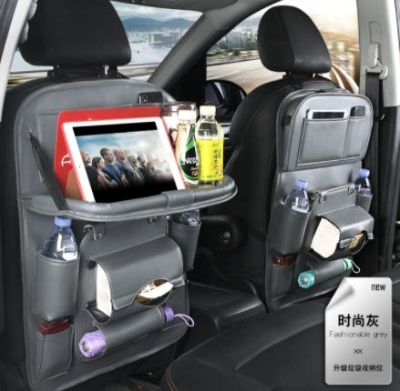 Premium PU Leather Car Backseat Organizer – Waterproof Hanging Storage Bag with Foldable Tray