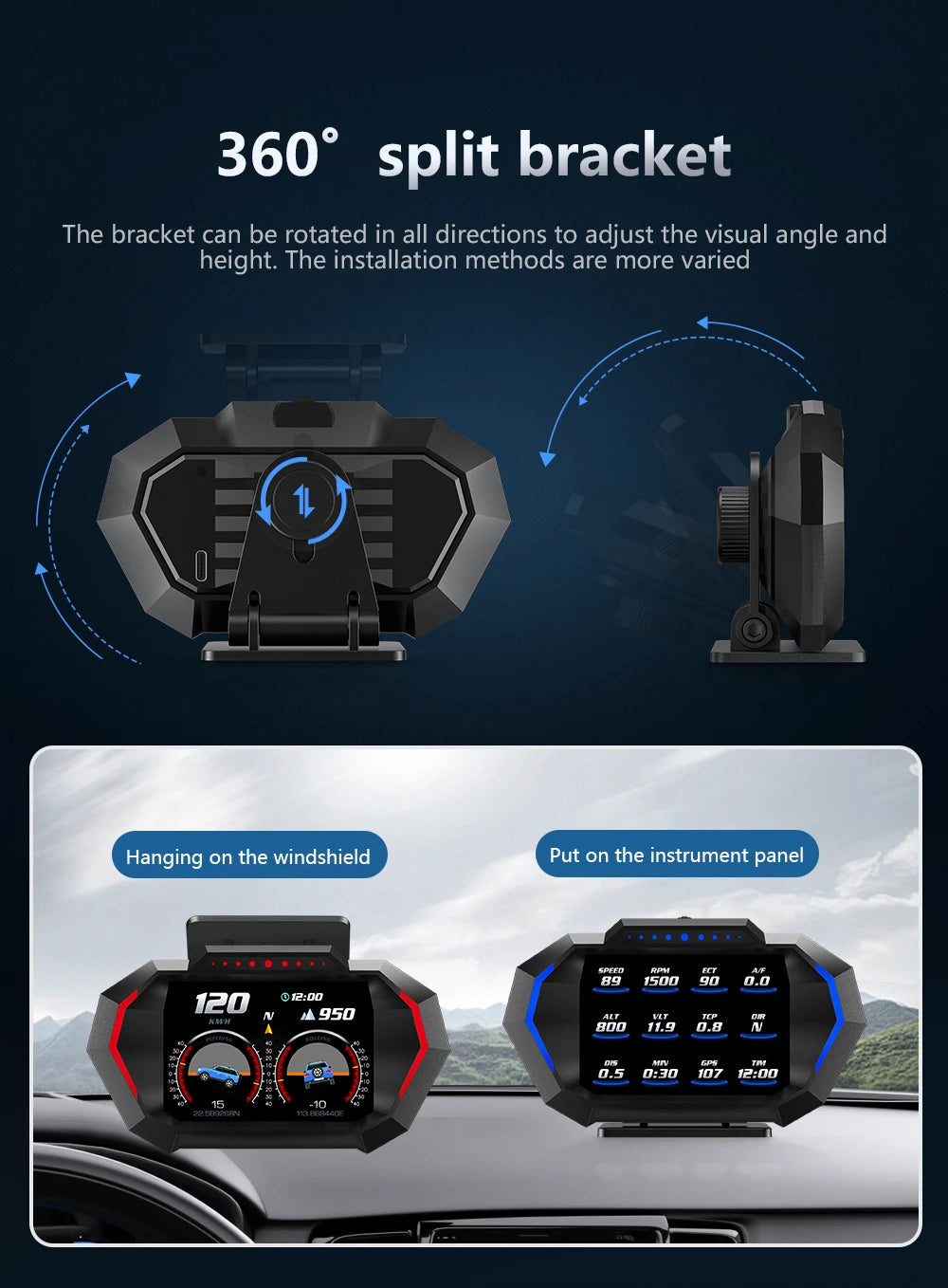 P24 OBD+GPS Car Head-Up Display – Digital HUD Speedometer with Water Temp, Fuel Consumption & Slope Meter