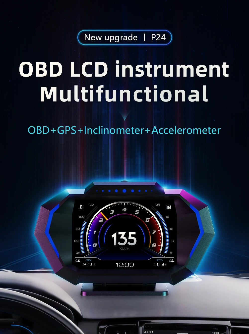 P24 OBD+GPS Car Head-Up Display – Digital HUD Speedometer with Water Temp, Fuel Consumption & Slope Meter