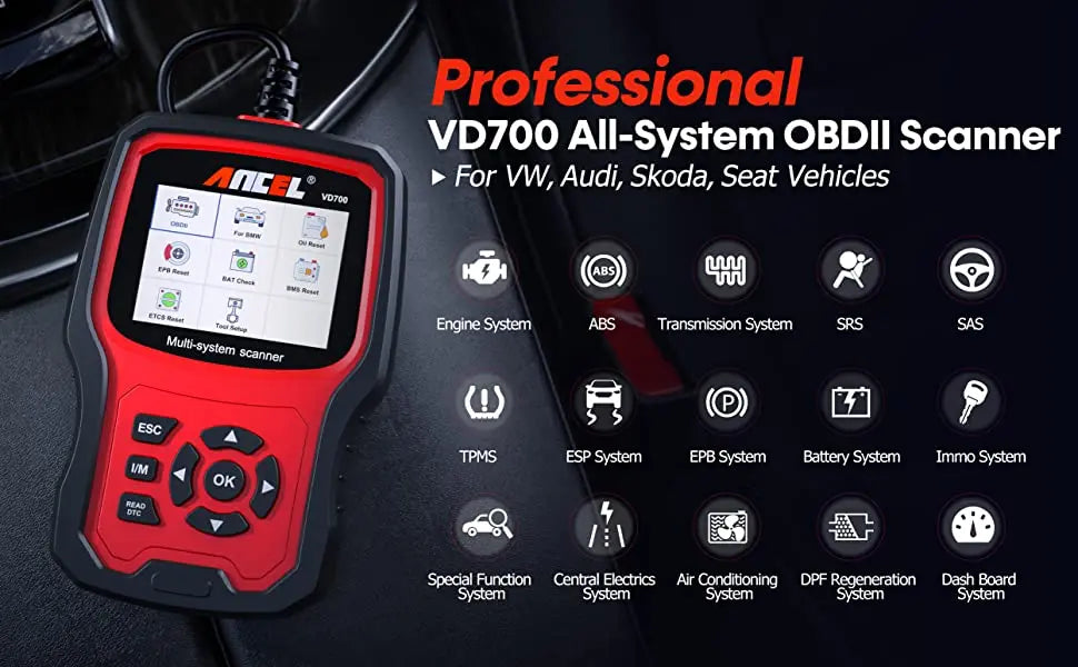 ANCEL VD700 OBD2 Scanner – Full-System Diagnostic Tool for VW, Audi, Skoda & Seat with Oil, EPB, SAS & TPMS Resets