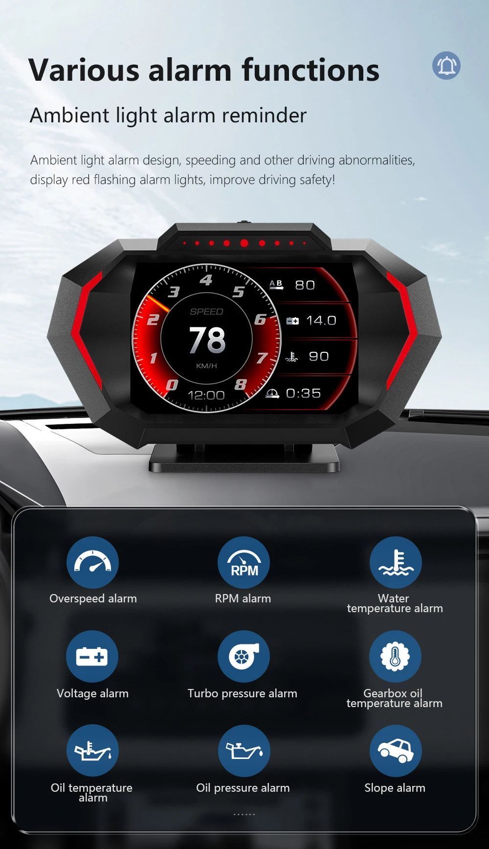 P24 OBD+GPS Car Head-Up Display – Digital HUD Speedometer with Water Temp, Fuel Consumption & Slope Meter