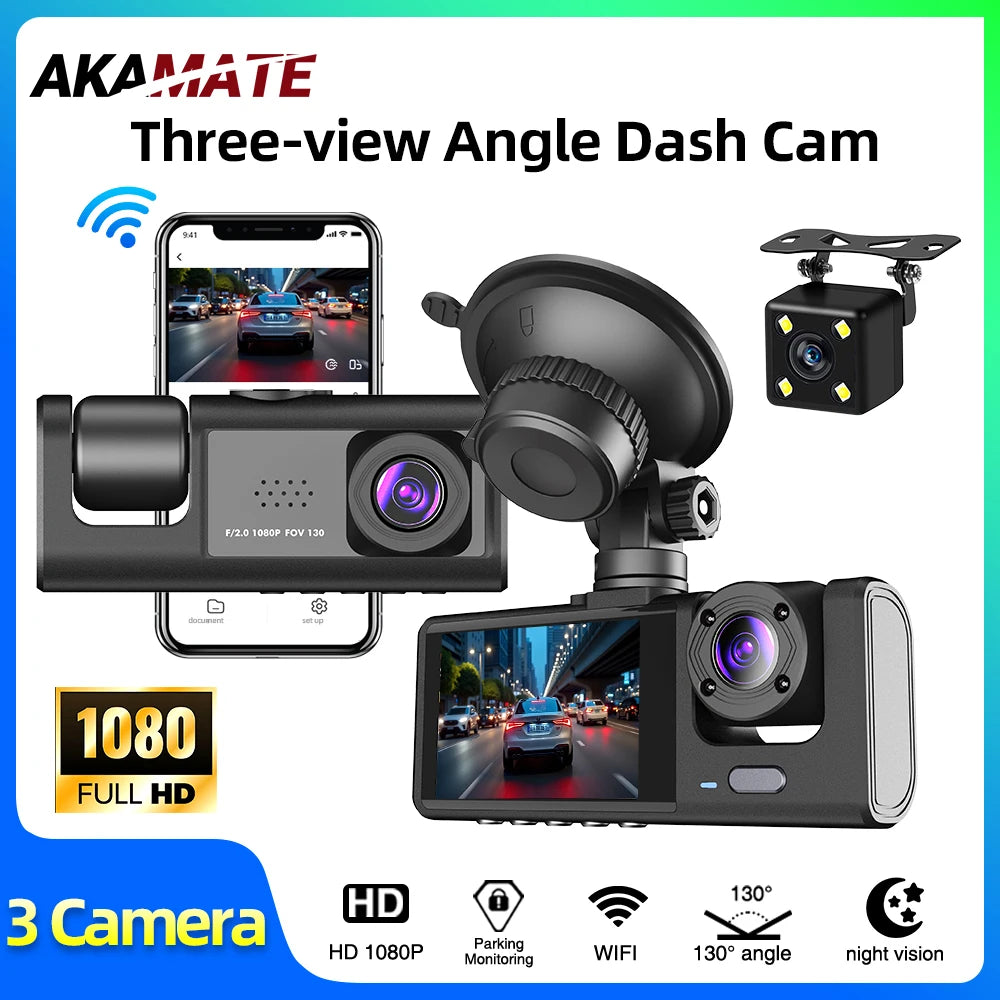 Multi-Angle 3-Channel Dash Cam – HD 1080P Car DVR with Front, Rear & Interior Cameras