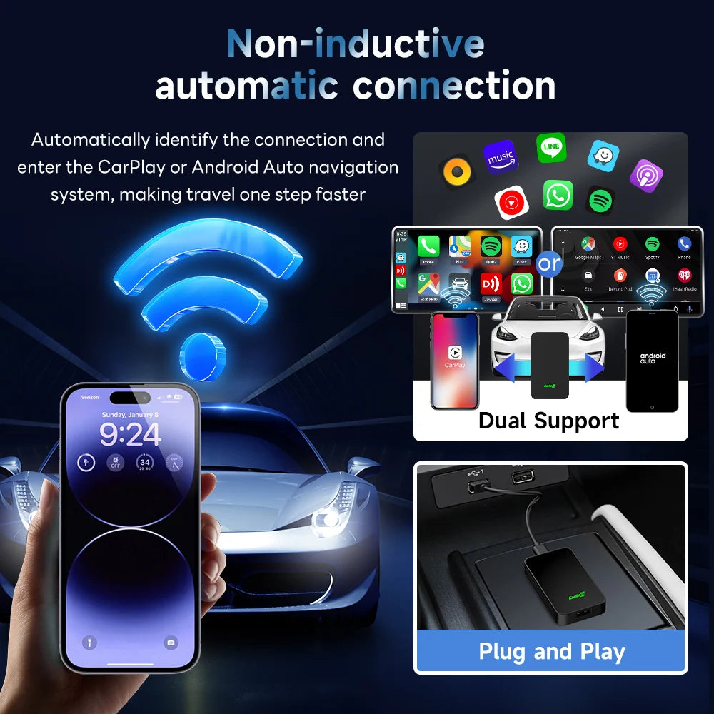 Plug & Play CarlinKit 5.0/4.0 Wireless CarPlay & Android Auto Adapter – Fast Dual‑Band WiFi & Auto‑Connect