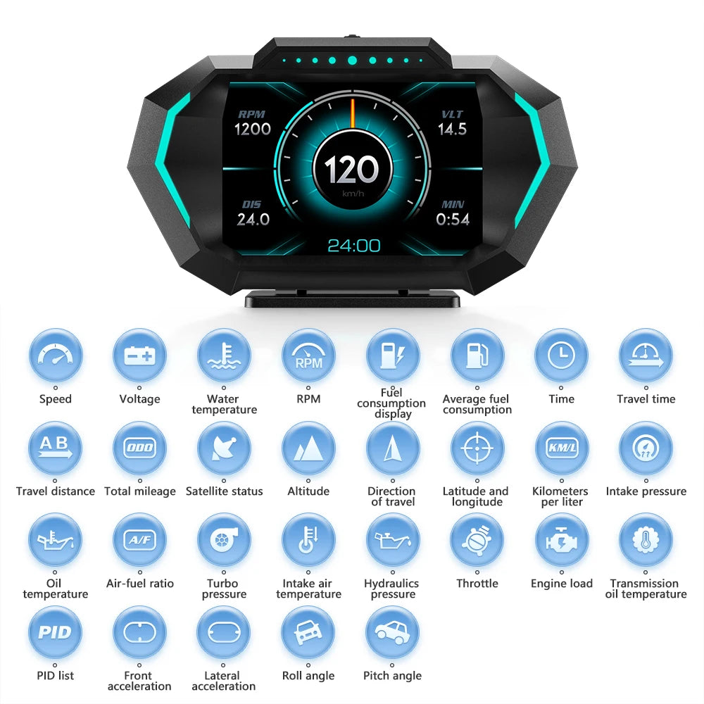 P24 OBD+GPS Car Head-Up Display – Digital HUD Speedometer with Water Temp, Fuel Consumption & Slope Meter