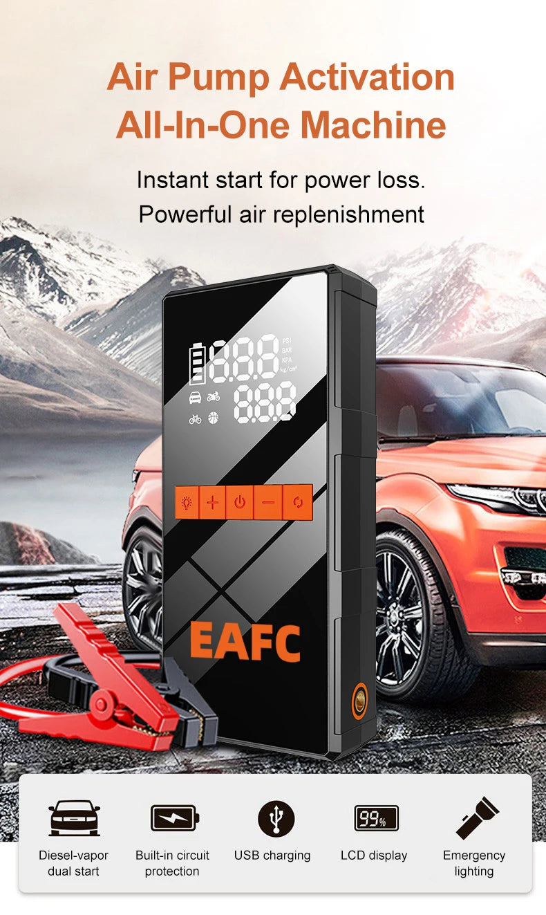 12V Portable Car Jump Starter + Wireless Tire Inflator – 4‑in‑1 Air Compressor & Fast Charging Power Bank