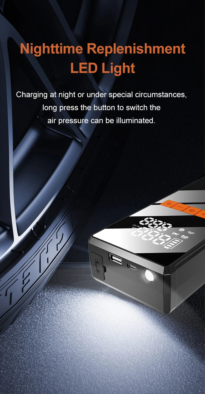 12V Portable Car Jump Starter + Wireless Tire Inflator – 4‑in‑1 Air Compressor & Fast Charging Power Bank