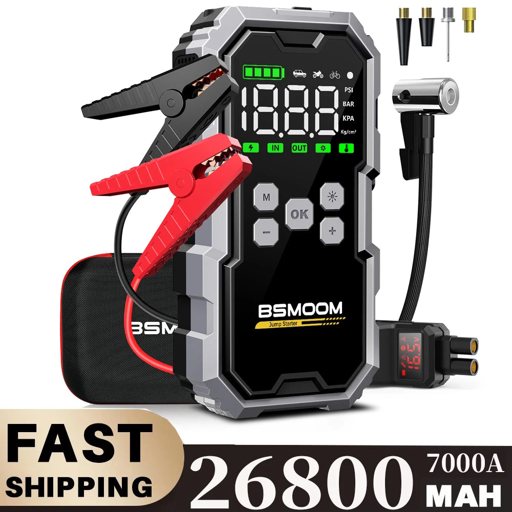High‑Power 7000A Car Jump Starter with 150PSI Air Compressor – Portable Power Bank & Emergency Starter