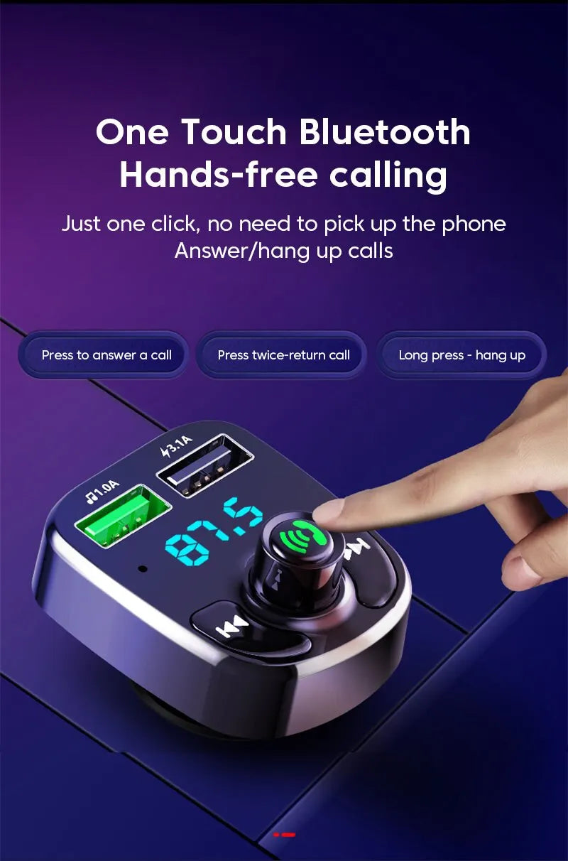 LED Bluetooth 5.0 FM Transmitter Car Charger – Hands-Free MP3 Player with QC3.0 & PD Type-C Dual USB Fast Charging