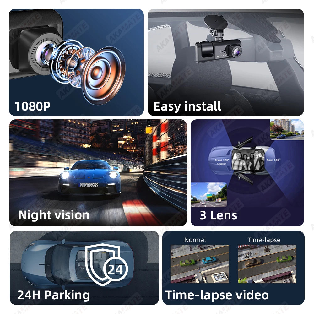 Multi-Angle 3-Channel Dash Cam – HD 1080P Car DVR with Front, Rear & Interior Cameras