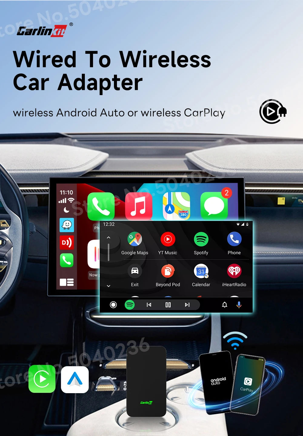 Plug & Play CarlinKit 5.0/4.0 Wireless CarPlay & Android Auto Adapter – Fast Dual‑Band WiFi & Auto‑Connect