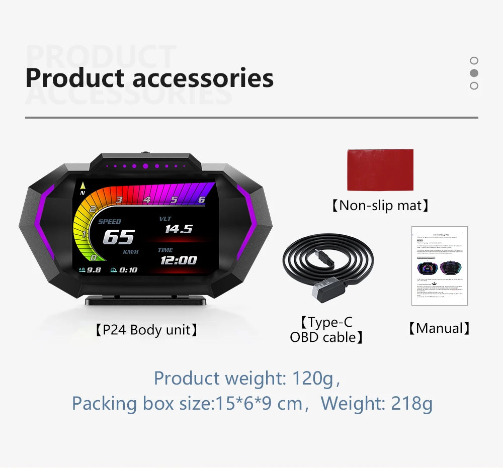 P24 OBD+GPS Car Head-Up Display – Digital HUD Speedometer with Water Temp, Fuel Consumption & Slope Meter