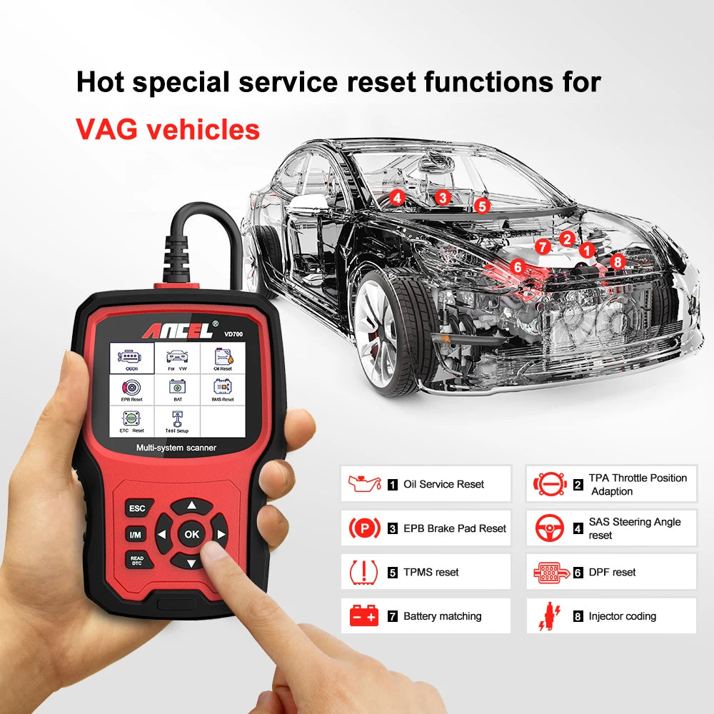ANCEL VD700 OBD2 Scanner – Full-System Diagnostic Tool for VW, Audi, Skoda & Seat with Oil, EPB, SAS & TPMS Resets