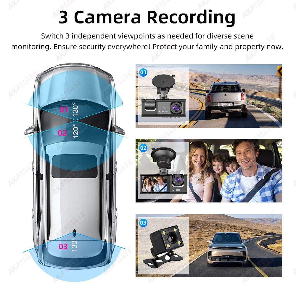 Multi-Angle 3-Channel Dash Cam – HD 1080P Car DVR with Front, Rear & Interior Cameras