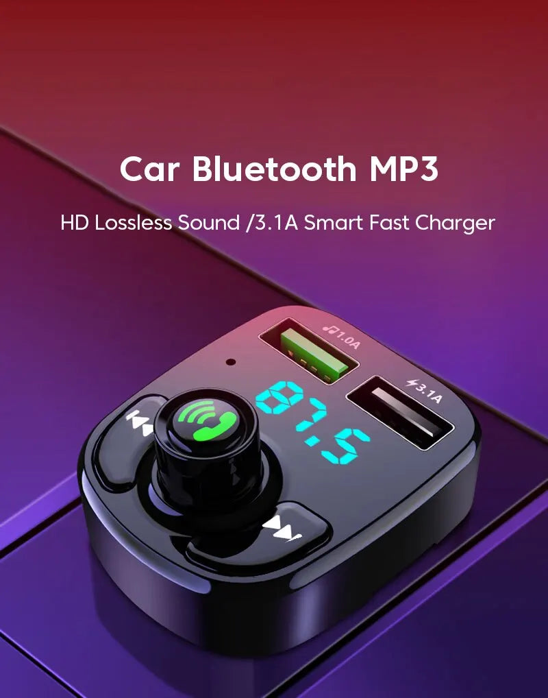 LED Bluetooth 5.0 FM Transmitter Car Charger – Hands-Free MP3 Player with QC3.0 & PD Type-C Dual USB Fast Charging