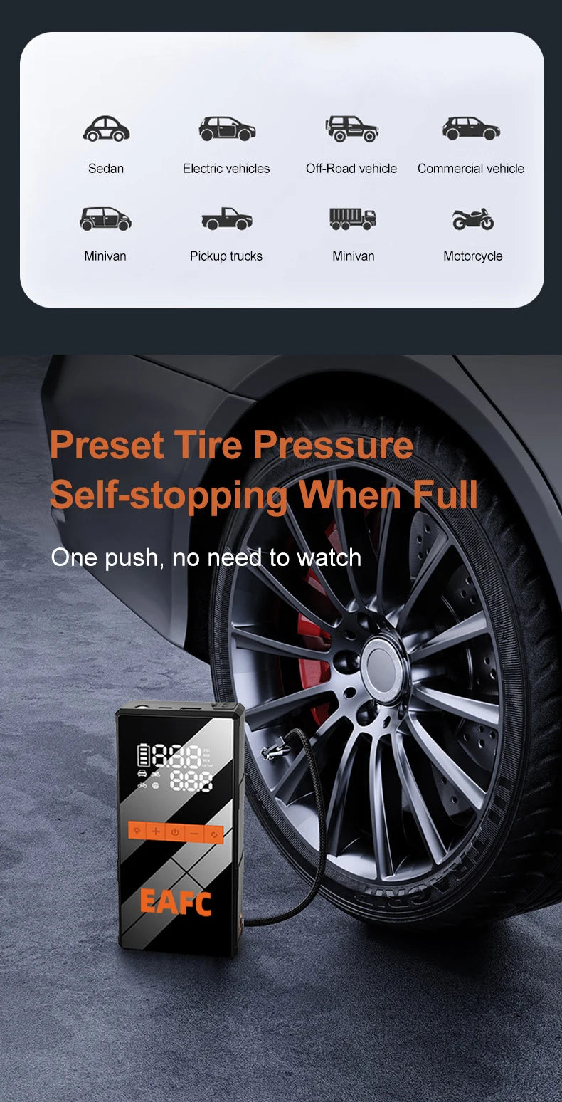 12V Portable Car Jump Starter + Wireless Tire Inflator – 4‑in‑1 Air Compressor & Fast Charging Power Bank