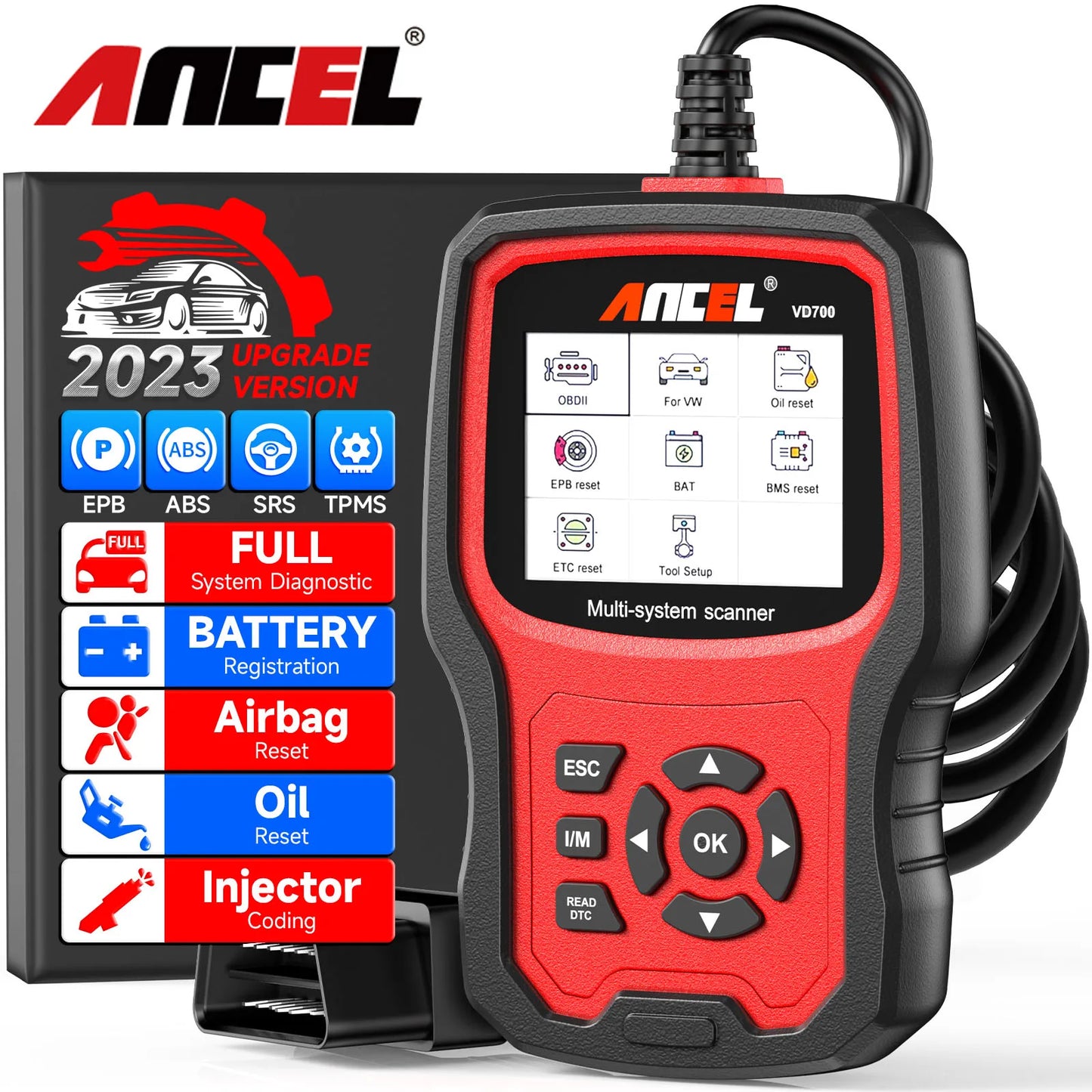 ANCEL VD700 OBD2 Scanner – Full-System Diagnostic Tool for VW, Audi, Skoda & Seat with Oil, EPB, SAS & TPMS Resets