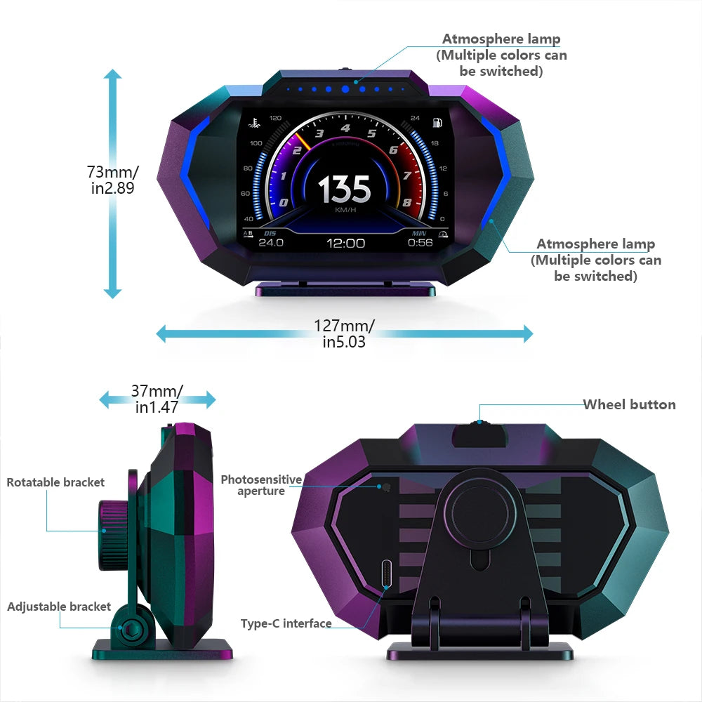 P24 OBD+GPS Car Head-Up Display – Digital HUD Speedometer with Water Temp, Fuel Consumption & Slope Meter