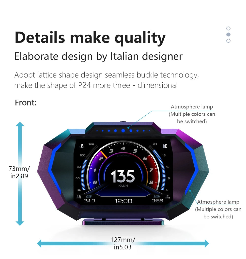 P24 OBD+GPS Car Head-Up Display – Digital HUD Speedometer with Water Temp, Fuel Consumption & Slope Meter