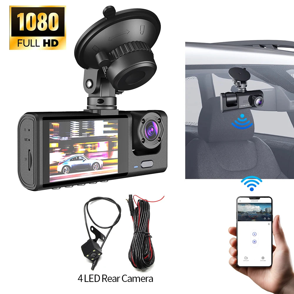 Multi-Angle 3-Channel Dash Cam – HD 1080P Car DVR with Front, Rear & Interior Cameras