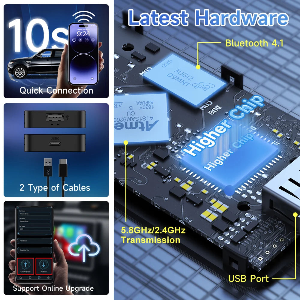 Plug & Play CarlinKit 5.0/4.0 Wireless CarPlay & Android Auto Adapter – Fast Dual‑Band WiFi & Auto‑Connect