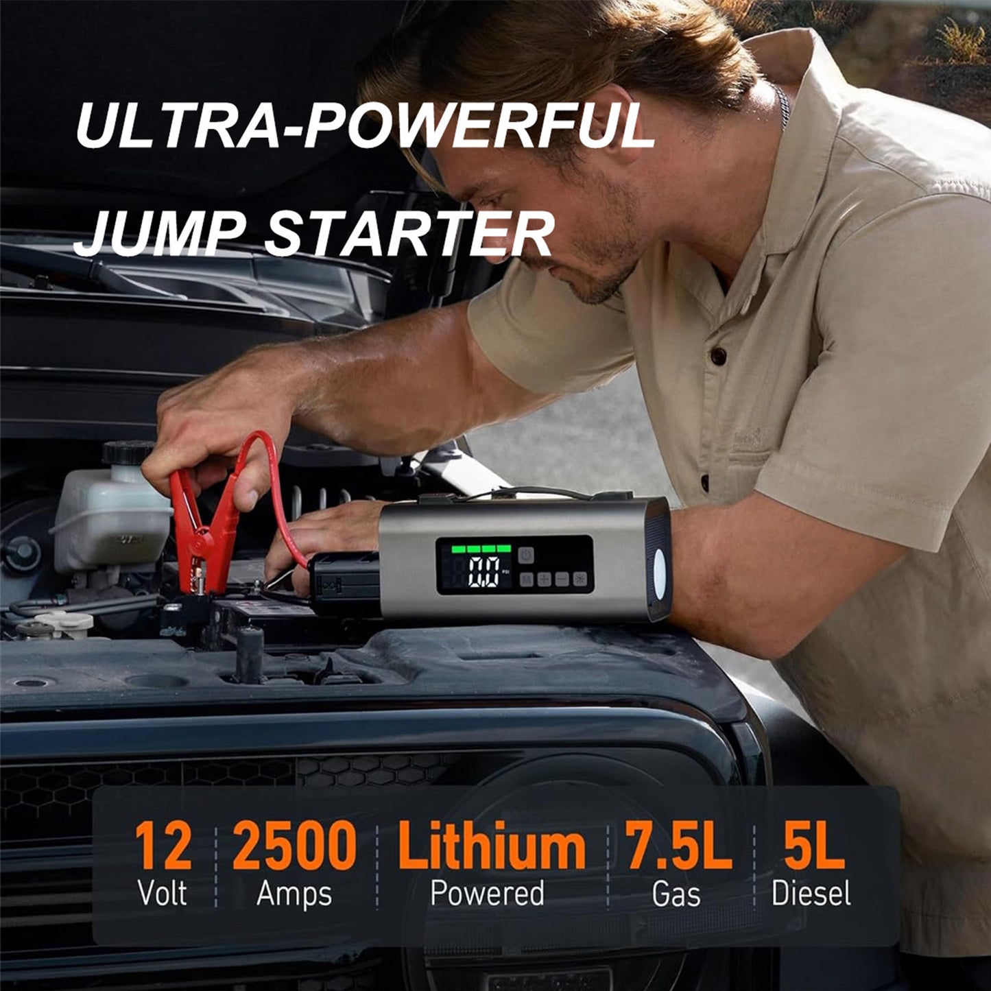 Heavy‑Duty 2500A Car Battery Booster with 150PSI Air Compressor – Dual‑Screen Jump Starter for Gas & Diesel Vehicles