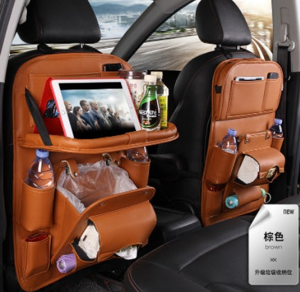 Premium PU Leather Car Backseat Organizer – Waterproof Hanging Storage Bag with Foldable Tray