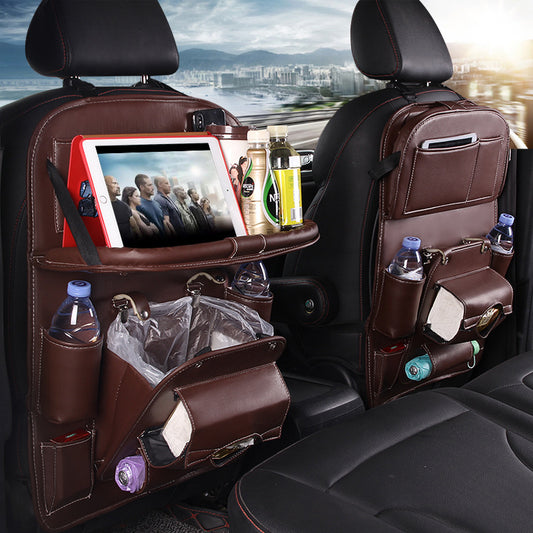 Premium PU Leather Car Backseat Organizer – Waterproof Hanging Storage Bag with Foldable Tray