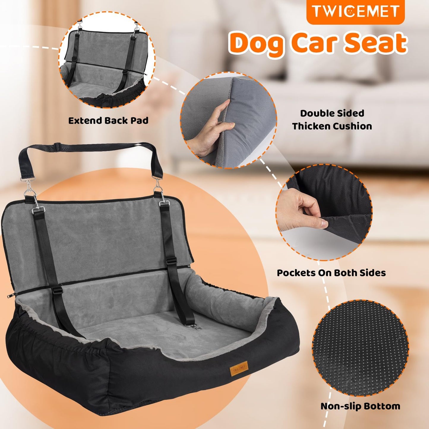 Luxury Coral Fleece Dog Booster Car Seat – Pet Travel Bed with Storage & Clip‑On Leash for Safe, Comfortable Trips