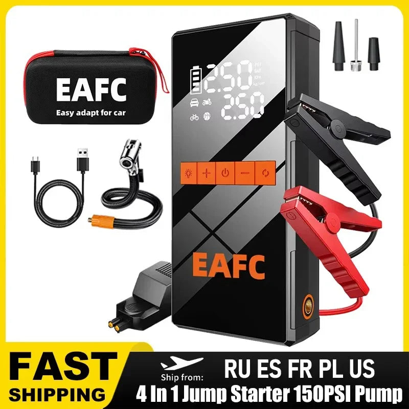 12V Portable Car Jump Starter + Wireless Tire Inflator – 4‑in‑1 Air Compressor & Fast Charging Power Bank