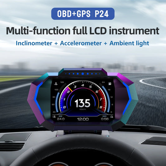 P24 OBD+GPS Car Head-Up Display – Digital HUD Speedometer with Water Temp, Fuel Consumption & Slope Meter