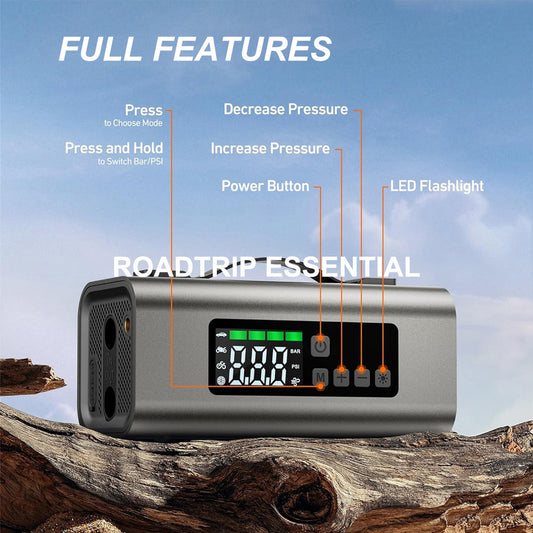 Heavy‑Duty 2500A Car Battery Booster with 150PSI Air Compressor – Dual‑Screen Jump Starter for Gas & Diesel Vehicles